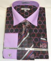 Daniel Ellissa Circle Multi Pattern French Cuff Black Lilac Men's Dress Shirt