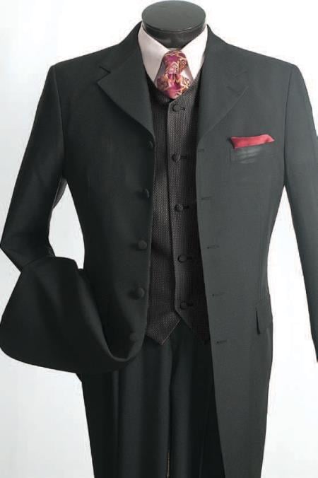 Men's 3 Piece Fashion Suit - Long Zoot Suit Vested Black Color - Three Piece Suit