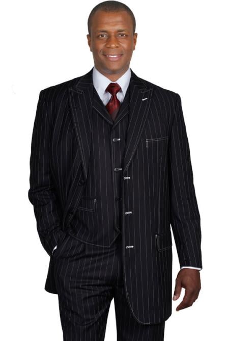 Black Gangster Stripe ~ Pinstripe Vested Urban Men Suits - Three Piece Suit