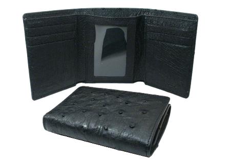 Men's Genuine Exotic Animal Skin Ostrich Wallet - Black Trifold