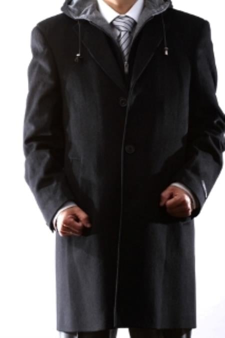 Men's Dress Coat Hooded Winter Overcoat ~ Long Men's Dress Topcoat - Winter coat , Black or Charcoal hooded