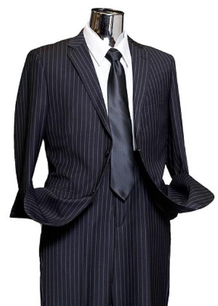 Dark Navy Wide Pinstripe 2 Button Men's Suit - Dark Blue Suit mensusa