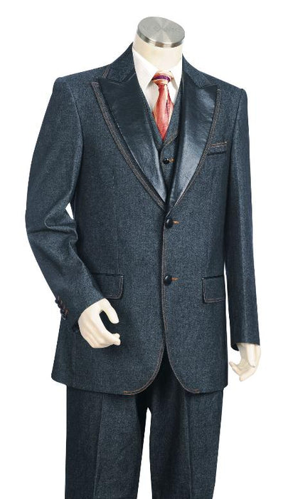 Men's 3 Piece Vested Blue Fashion Zoot Denim Fabric Suit