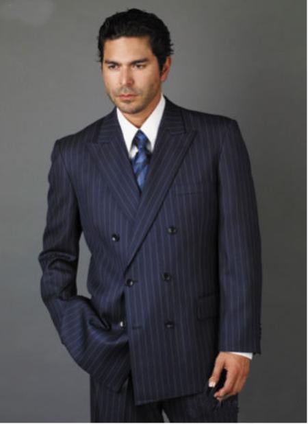 Men's Double Breasted Suits Dark Navy Blue Suit For Men with Smooth Stripe ~ Pinstripe Suit With Side Vent Jacket Pleated Pants