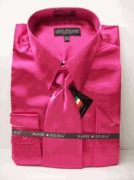 Fashion Cheap Priced Sale Men's New Fuchsia ~ fuschia ~ hot Pink Satin Dress Shirt Combinations Set Tie Combo Shirts Men's Dress Shirt mensusa