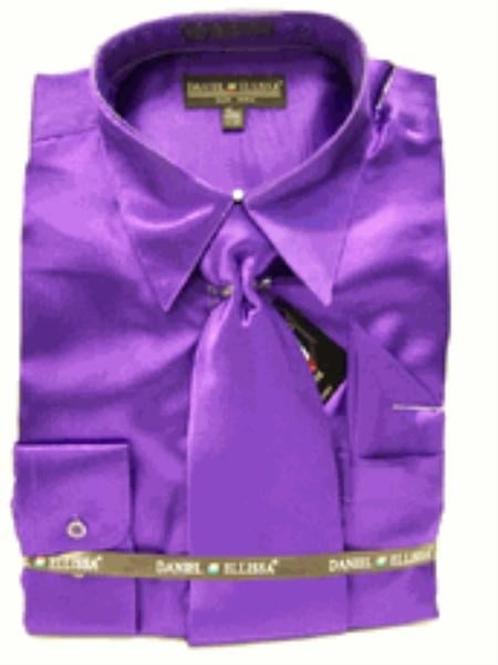 Fashion Cheap Priced Sale Men's New Purple Satin Dress Shirt Combinations Set Tie Combo Shirts Men's Dress Shirt mensusa