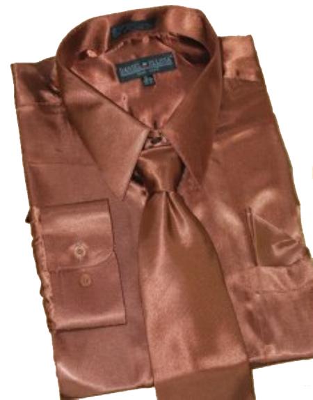 Fashion Cheap Priced Sale Satin Brown Dress Shirt Combinations Set Tie Hanky Men's Dress Shirt mensusa