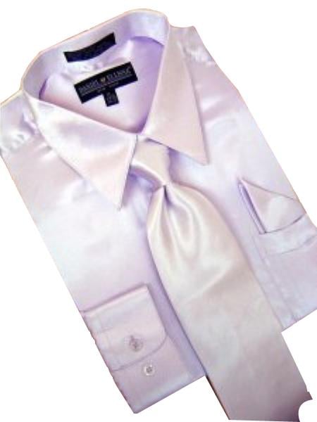 Fashion Cheap Priced Sale Satin Lavender Dress Shirt Combinations Set Tie Hanky Set Men's Dress Shirt mensusa