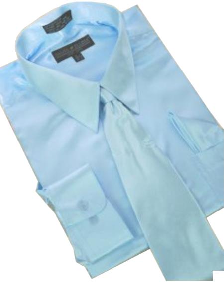 Fashion Cheap Priced Sale Satin Light Blue ~ Sky Blue Dress Shirt Combinations Set Tie Hanky Men's Dress Shirt mensusa