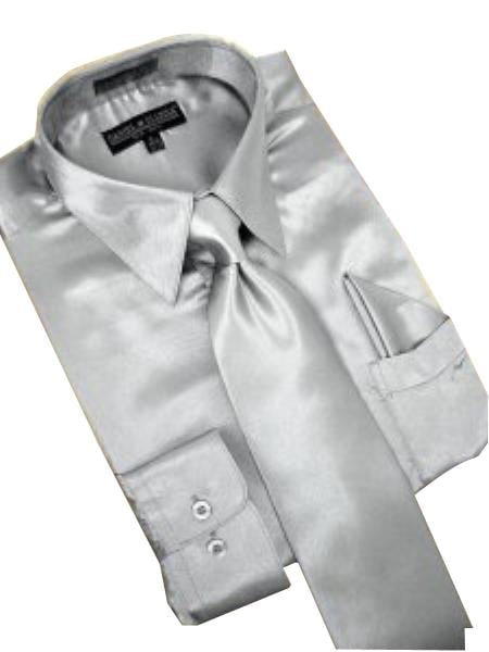 Fashion Cheap Priced Sale Satin Silver Grey Dress Shirt Combinations Tie Hanky Set Men's Dress Shirt mensusa