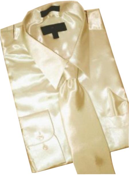 Fashion Cheap Priced Sale Satin Tan ~ Beige Dress Shirt Combinations Set Tie Hanky Men's Dress Shirt mensusa