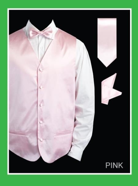 Men's 4 Piece Dress Tuxedo Wedding Vest ~ Waistcoat ~ Waist coat Set (Bow Tie, Neck Tie, Hanky) - Satin Pink - Men's Neck Ties - Mens Dress Tie - Trendy Mens Ties