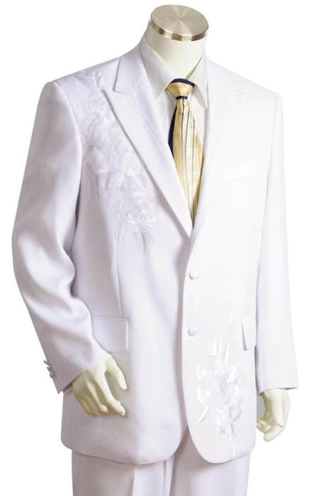 Men's Floral Embroidered Peak Lapel White Zoot Suit