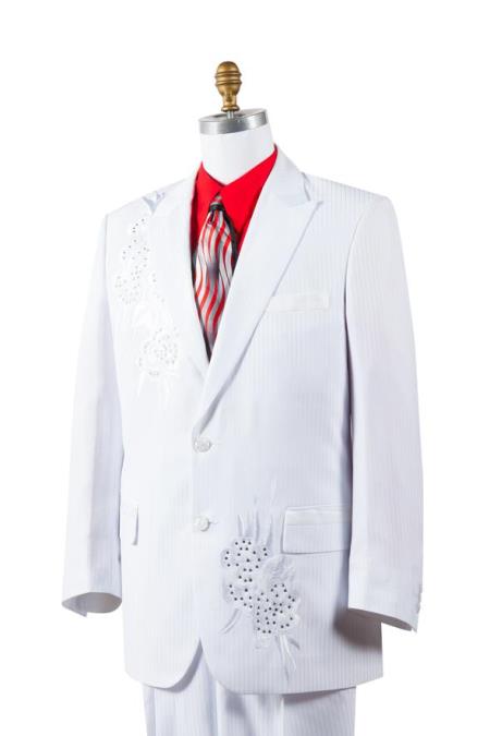 Men's Floral Embroidered Stripe Peak Lapel White Zoot Suit