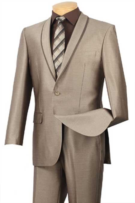 Tan Tuxedo - Khaki Tuxedo Shawl Collar Trimmed No Pleated Pants Tuxedo & Formal Slim Fit Suits Beige ~ Khaki ~ Tan