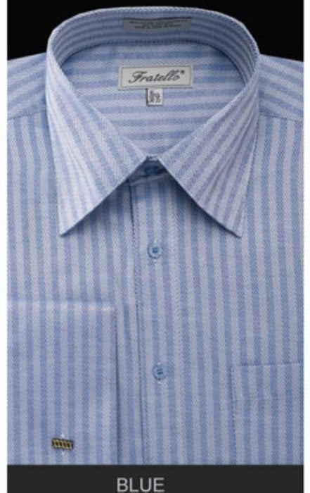 Fratello French Cuff Blue - Herringbone Tweed Stripe Big and Tall Sizes 18 19 20 21 22 Inch Neck Men's Dress Shirt