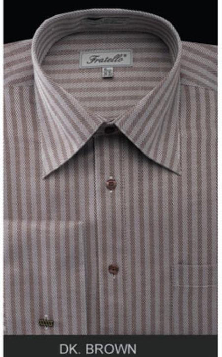 Fratello French Cuff Dark Brown - Herringbone Tweed Stripe Big and Tall Sizes 18 19 20 21 22 Inch Neck Men's Dress Shirt