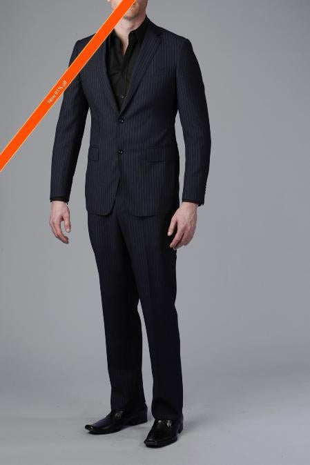 Gorgeous Dark Navy Blue Suit For Men Beaded Stripe ~ Pinstripe 2-Button Slim Fitted Suit mensusa