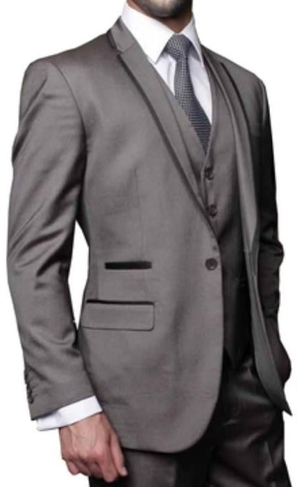 Men's 3 Piece Sharkskin Tuxedo with black satin lapel trim - Three Piece Suit