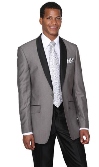 Men's Grey Gray Shawl Collar Slim Fit - Single Button Suit