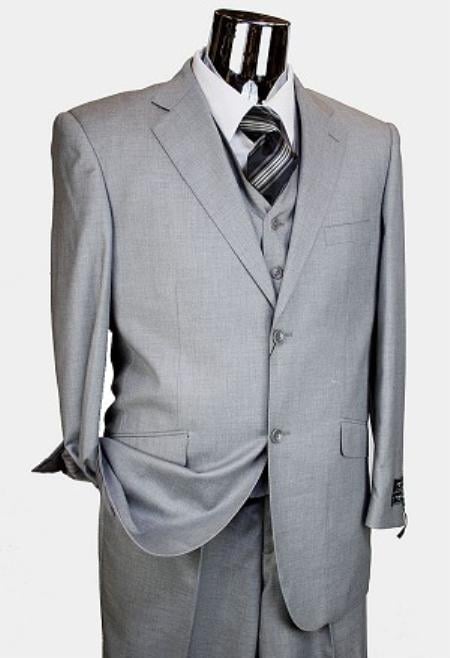 Men's Solid Light Gray ~ Grey 3 Pieces Vested 2 Two Buttons Suit + Free Shirt & Tie