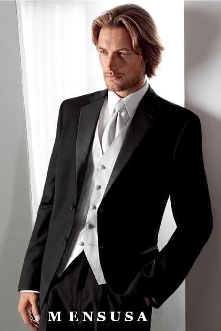 High Quality 3 buttons Side Vented Super 120's poly~rayon Tuxedo + White Shirt+White Tie+White Vest mensusa