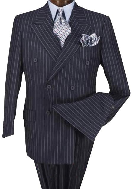 High Quality Dark Navy Blue Suit For Men & Chalk Bold White Pinstripe Double Breasted Suit 100% poly-ray mensusa