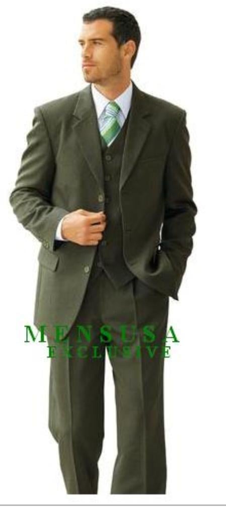 High Quality Dark Olive Green Available In Two ~ 2 Buttons Only Vested Poly~Rayon Fabric 3 ~ Three Piece Suit mensusa