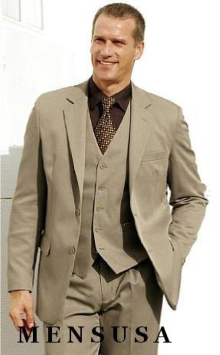 High Quality Dark Tan ~ Beige 2 Btn Vested 100% Poly Rayon three piece Modern Fit Suits 2 Piece Suits For Men Vented mensusa