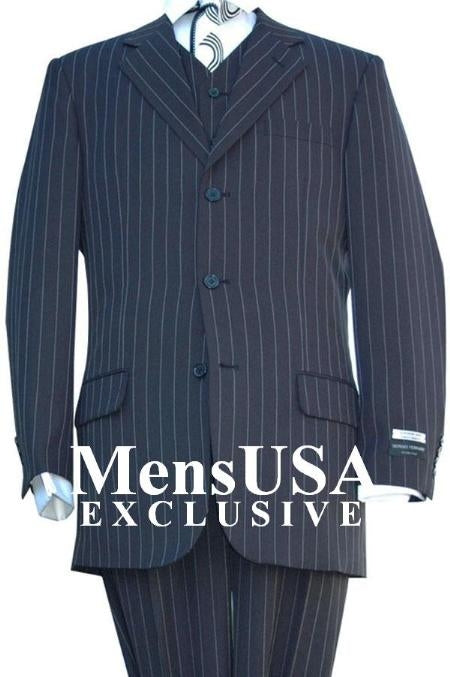 Highest Quality Jet Liquid Dark Navy Blue Suit For Men & Chalk Bold White Pinstripe Vested Men's Dress three piece suit Super 120s Super fine poly~rayon 1920's 30's Fashion Look 3 ~ Three Piece Suit Available in 2 or 3 buttons mensusa