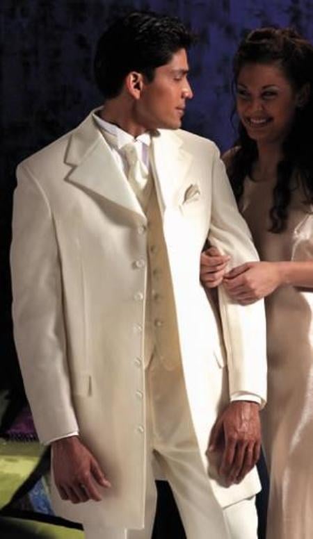 Ivory~OFF White~Cream Fashion Tuxedo For Men 35.5 Length Coat Large Satin Seven Button mensusa