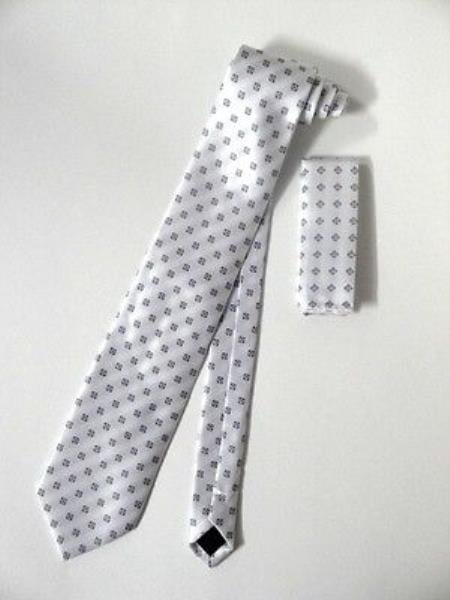 Tie Set Ivory/White With Gray Squares Design - Men's Neck Ties - Mens Dress Tie - Trendy Mens Ties