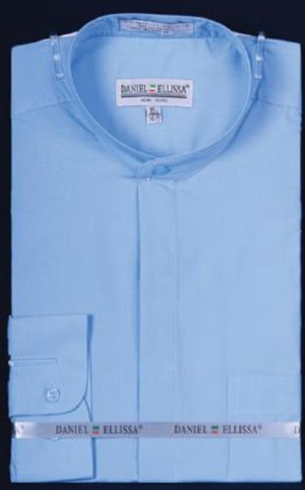 Banded Collar Dress Fashion collarless Button Cuff Light Blue Men's Dress Shirt