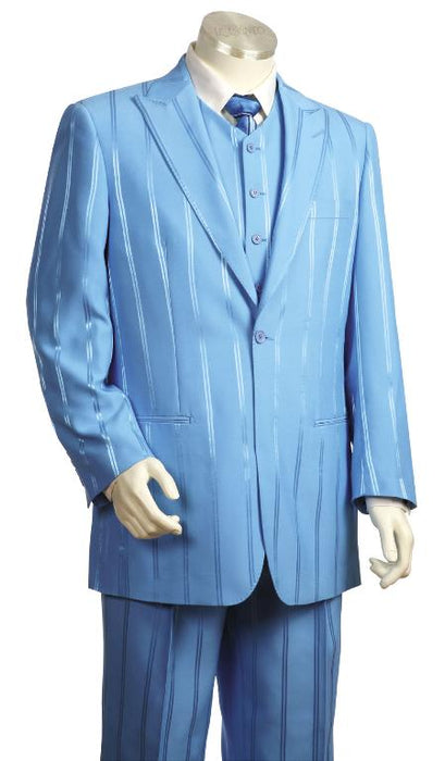 Men's 3 Piece Fashion Zoot Suit Powder Sky Light Blue Tone On Tone Shadow Stripe ~ Pinstri