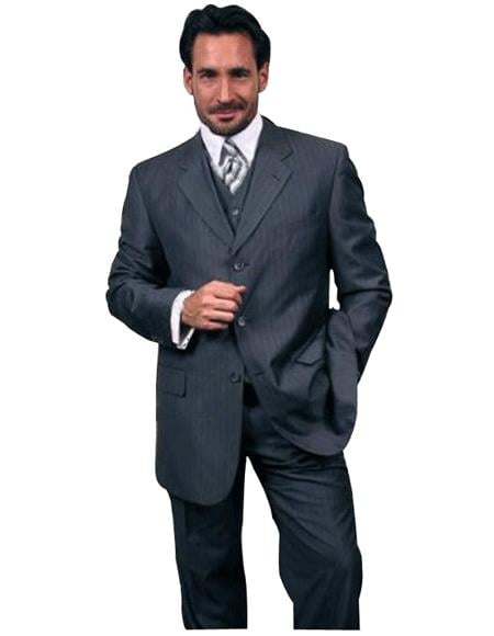 Luxurious Dark Navy Blue With Smooth Pinstripe 3 Piece Vested Business Suits Double Side Vent - Three Piece Suit mensusa