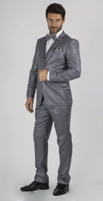 Slim Fit Suit - Fitted Suit Men's Medium Grey 2 Button Sharkskin Shiny Vested 3 Piece Dress Suits for Men