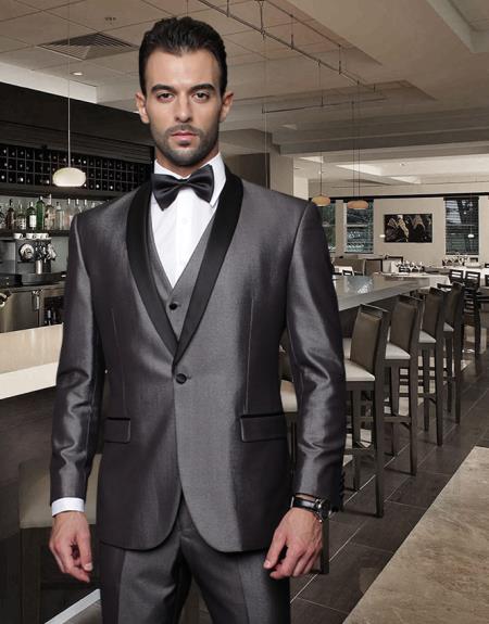 Tapered Leg Lower rise Pants & Get skinny Tuxedo Formal Suits Two Toned Black Lapel Three Piece One Button Shawl Collar Men's Suit With Trim On The Collar Super 150's Extra Fine Italian Fabric Wynn