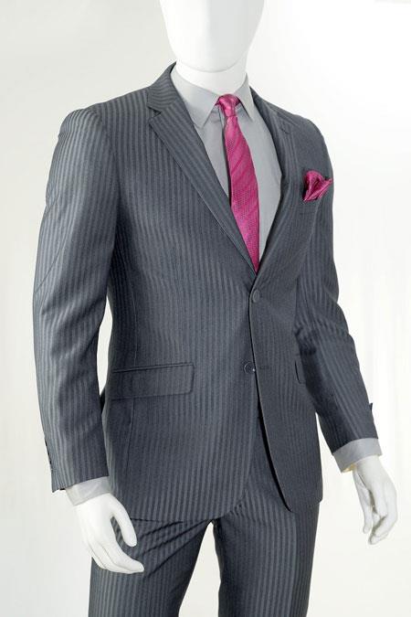 Slim Fit Cheap Priced Business Suits Clearance Sale Two Button Charcoal Stripe ~ Pinstripe - Color: Dark Grey Suit