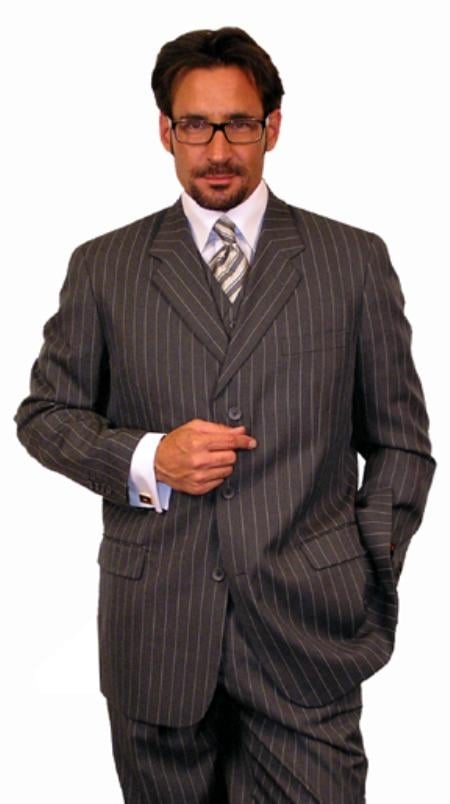 Men's 1920's 30's Fashion Look Available in 2 or 3 buttons Charcoal Gray Chalk Bold Pinstripe Vested 3 Piece three piece suit - Jacket + Pants + Vest mensusa