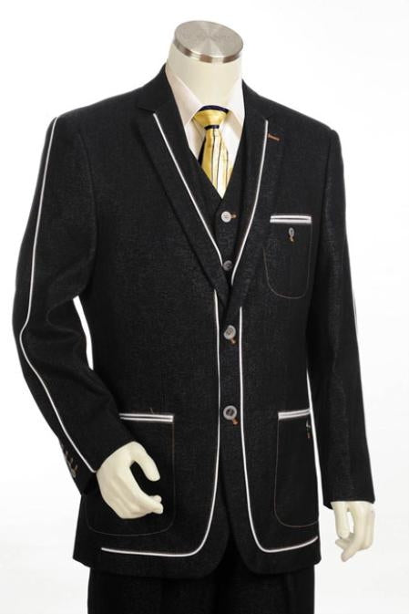 Men's 2 Button 3pc Fashion Denim Cotton Fabric Trimmed Two Tone Blazer/Suit/Tuxedo Black mensusa