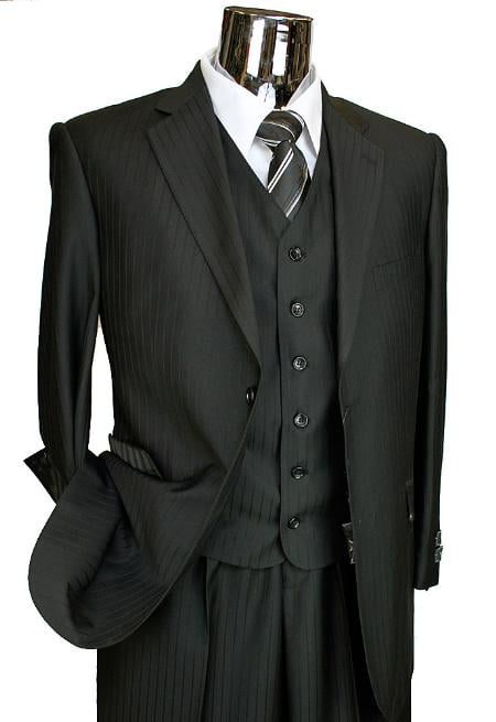 Men's 2 Button Designer Black On Black Ton on Ton Shadow Stripe Vested Suit - Three Piece Suit - Seersucker Fabric Summer Fabric Cotton Fabric - Black on Black Stripe mensusa