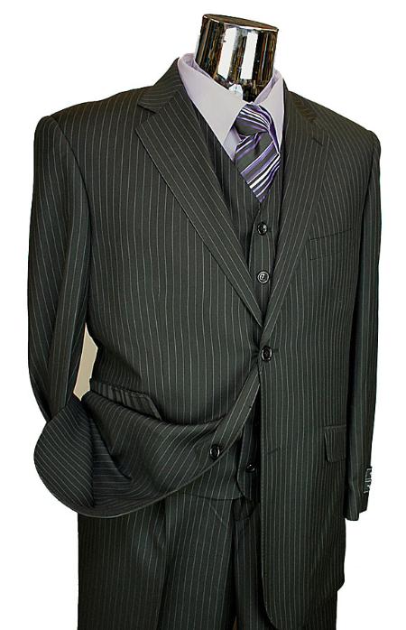 Men's Black Pinstripe 3 Piece 2 Button Italian Designer Suit Flat Front No Pleated Pants - Three Piece Suit mensusa