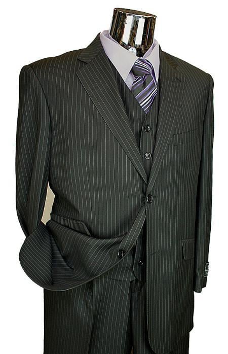 Men's Black Stripe ~ Pinstripe Vested 3 Piece 2 Button Flat Front Pants Three Piece Suit mensusa