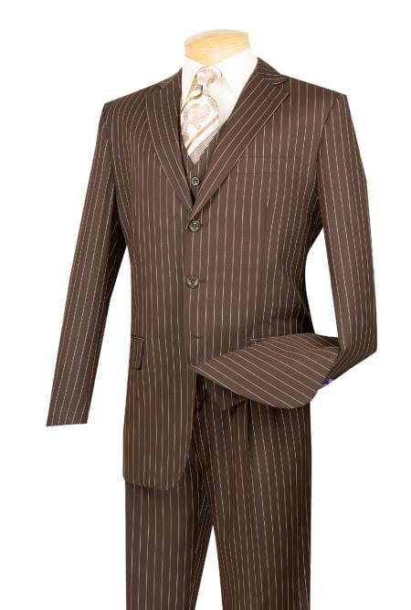 Men's Brown Stripe ~ Pinstripe Vested 3 Piece three piece suit - Jacket + Pants + Vest mensusa