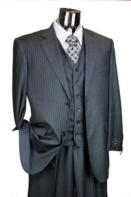 Men's Charcoal Pinstripe 3 Piece 2 Button Italian Designer Suit Flat Front No Pleated Pants - Three Piece Suit mensusa