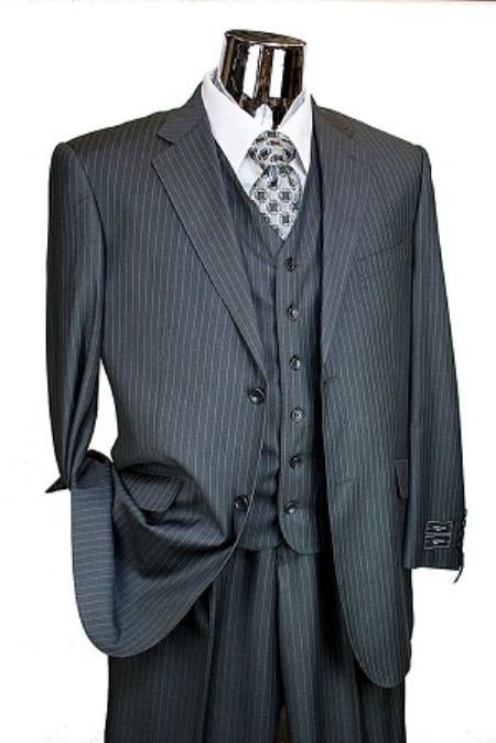 Men's Charcoal Pinstripe 3pc 2 Button Italian Designer Suit Charcoal Stripe Pin Stripe mensusa