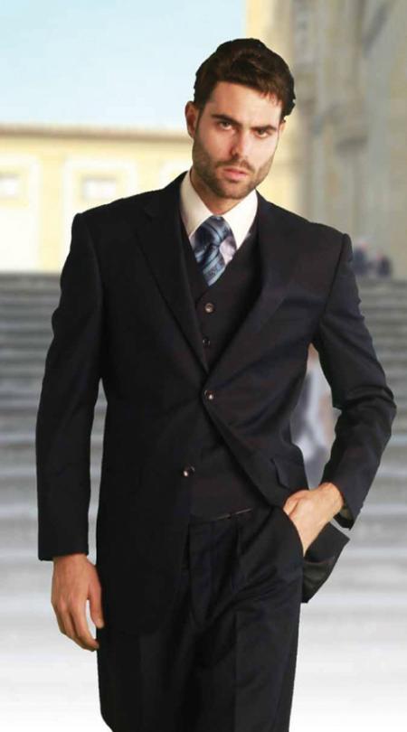 Men's Classic 3 Piece Pleated Pants Italian Fabric 2 Button Dark Navy Suit mensusa