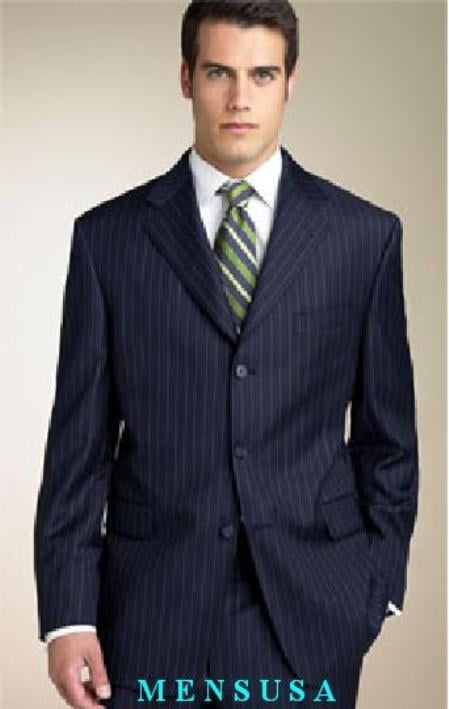 Men's Dark Navy Blue Suit For Men Stripe ~ Pinstripe Available in 2 or 3 Buttons Style Regular Classic Cut poly~rayon Shirt+Tie+SHIRT TIE mensusa