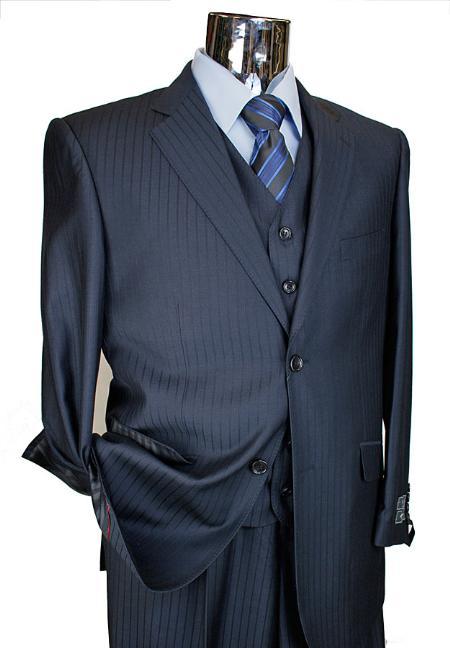 Men's Dark Navy Tone on Tone 3pc 2 Button single pleated pantsr three piece suit mensusa