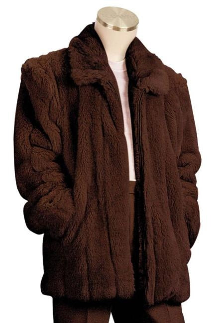 Men's Dress Coat Faux Fur 3/4 Length Coat Brown mensusa